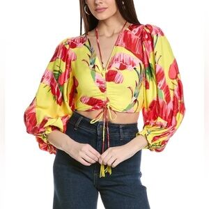 FARM Rio Yellow & Red Floral Cropped Blouson Top